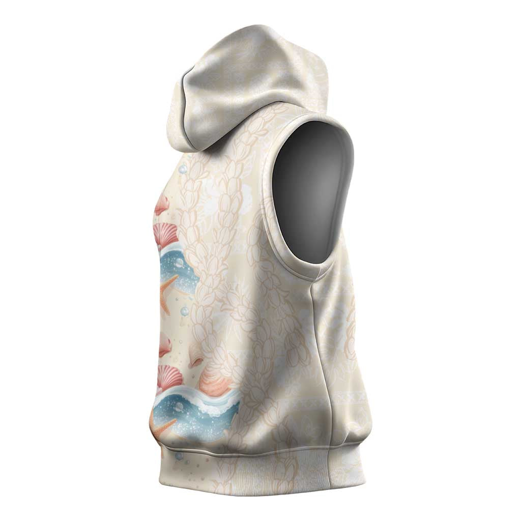 Beige Hawaii Lei Seashells Starfish Sleeveless Hoodie Sandy Sylized - Polynesian Pride