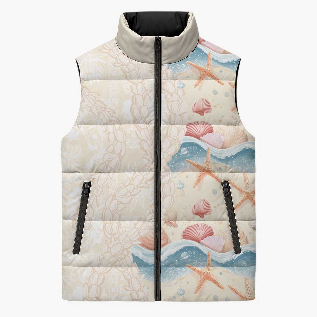 Beige Hawaii Lei Seashells Starfish Sleeveless Puffer Jacket Sandy Sylized - Polynesian Pride
