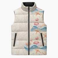 Beige Hawaii Lei Seashells Starfish Sleeveless Puffer Jacket Sandy Sylized - Polynesian Pride