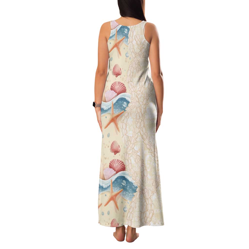 Beige Hawaii Lei Seashells Starfish Tank Maxi Dress Sandy Sylized - Polynesian Pride
