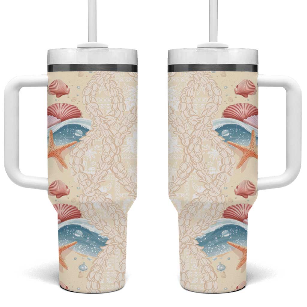 Beige Hawaii Lei Seashells Starfish Tumbler With Handle Sandy Sylized - Polynesian Pride