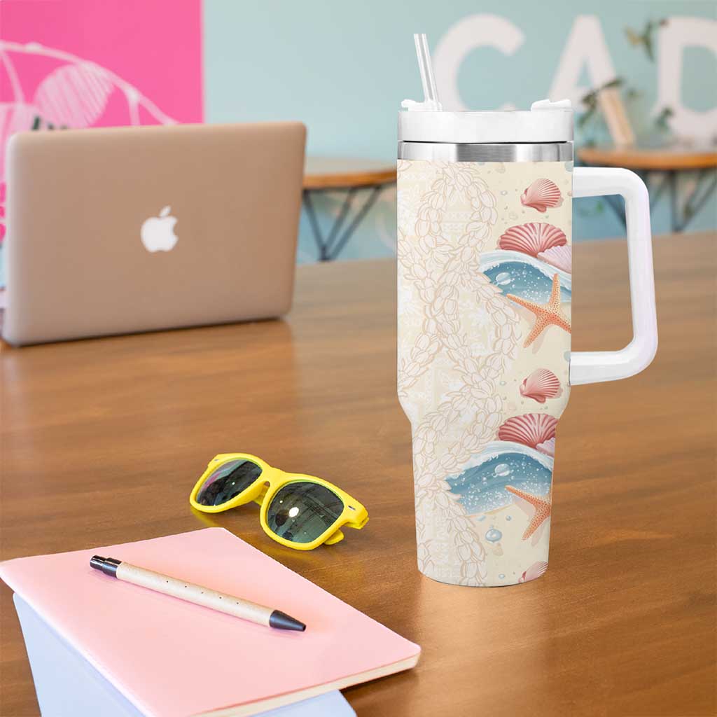 Beige Hawaii Lei Seashells Starfish Tumbler With Handle Sandy Sylized - Polynesian Pride