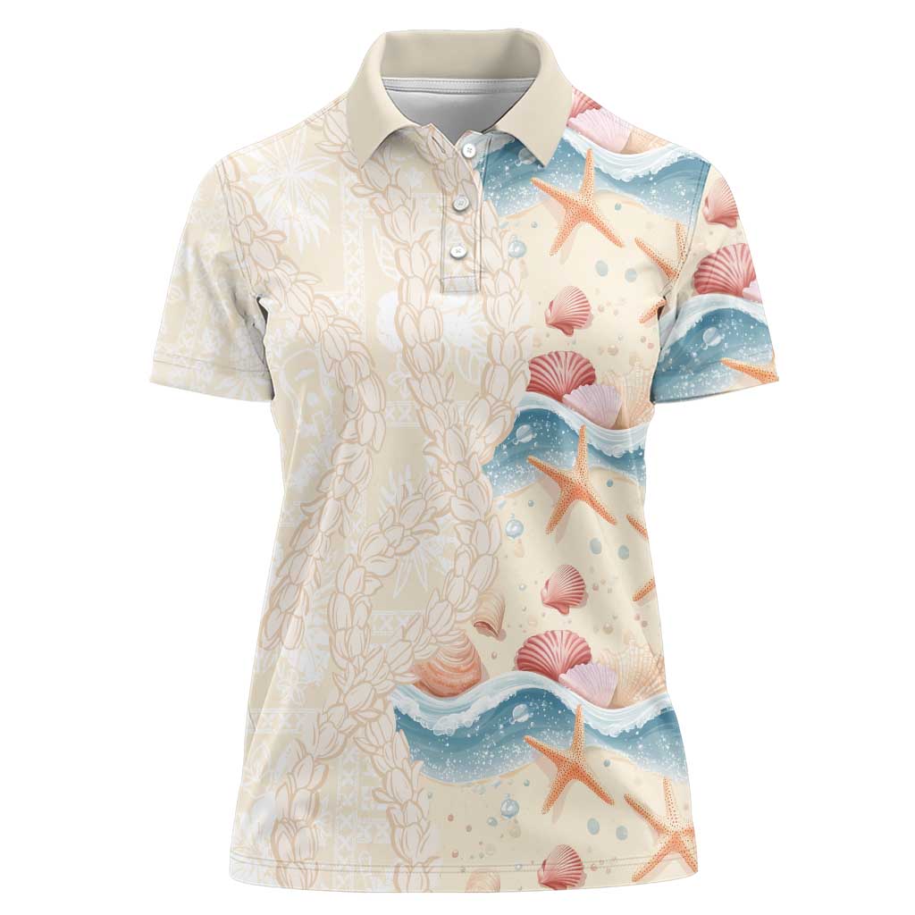 Beige Hawaii Lei Seashells Starfish Women Polo Shirt Sandy Sylized - Polynesian Pride