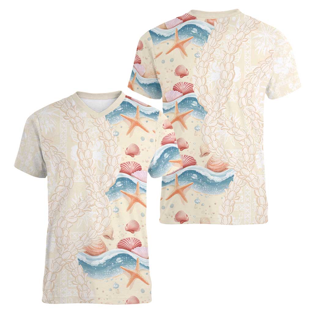 Beige Hawaii Lei Seashells Starfish Women V-Neck T-Shirt Sandy Sylized - Polynesian Pride