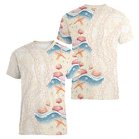 Beige Hawaii Lei Seashells Starfish Women V-Neck T-Shirt Sandy Sylized - Polynesian Pride