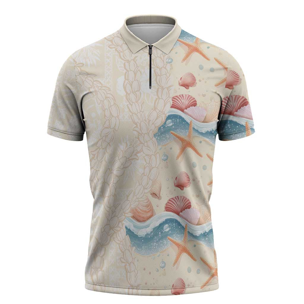 Beige Hawaii Lei Seashells Starfish Zipper Polo Shirt Sandy Sylized - Polynesian Pride