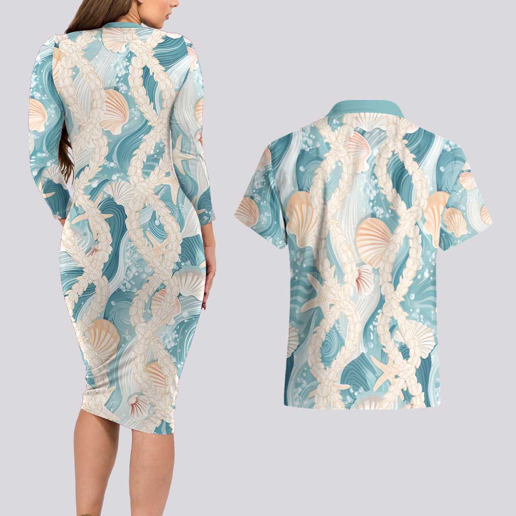 Hawaii Lei Seashells Starfish Couples Matching Long Sleeve Bodycon Dress and Hawaiian Shirt Fresh Summer Vibe - Polynesian Pride
