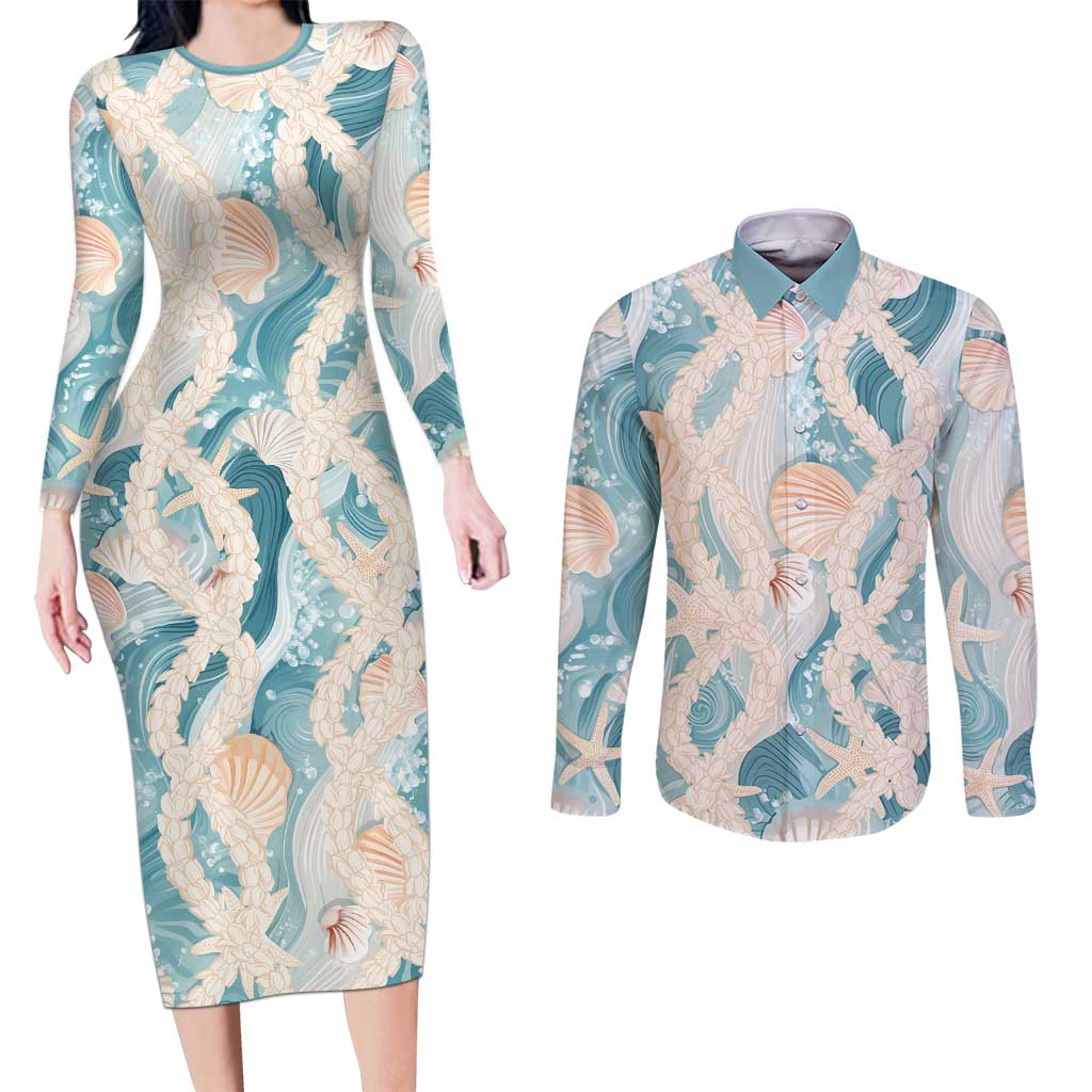 Hawaii Lei Seashells Starfish Couples Matching Long Sleeve Bodycon Dress and Long Sleeve Button Shirt Fresh Summer Vibe - Polynesian Pride