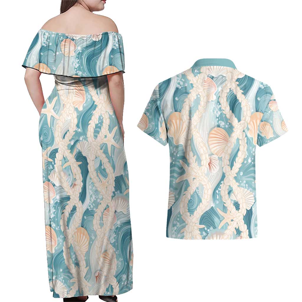 Hawaii Lei Seashells Starfish Couples Matching Off Shoulder Maxi Dress and Hawaiian Shirt Fresh Summer Vibe - Polynesian Pride