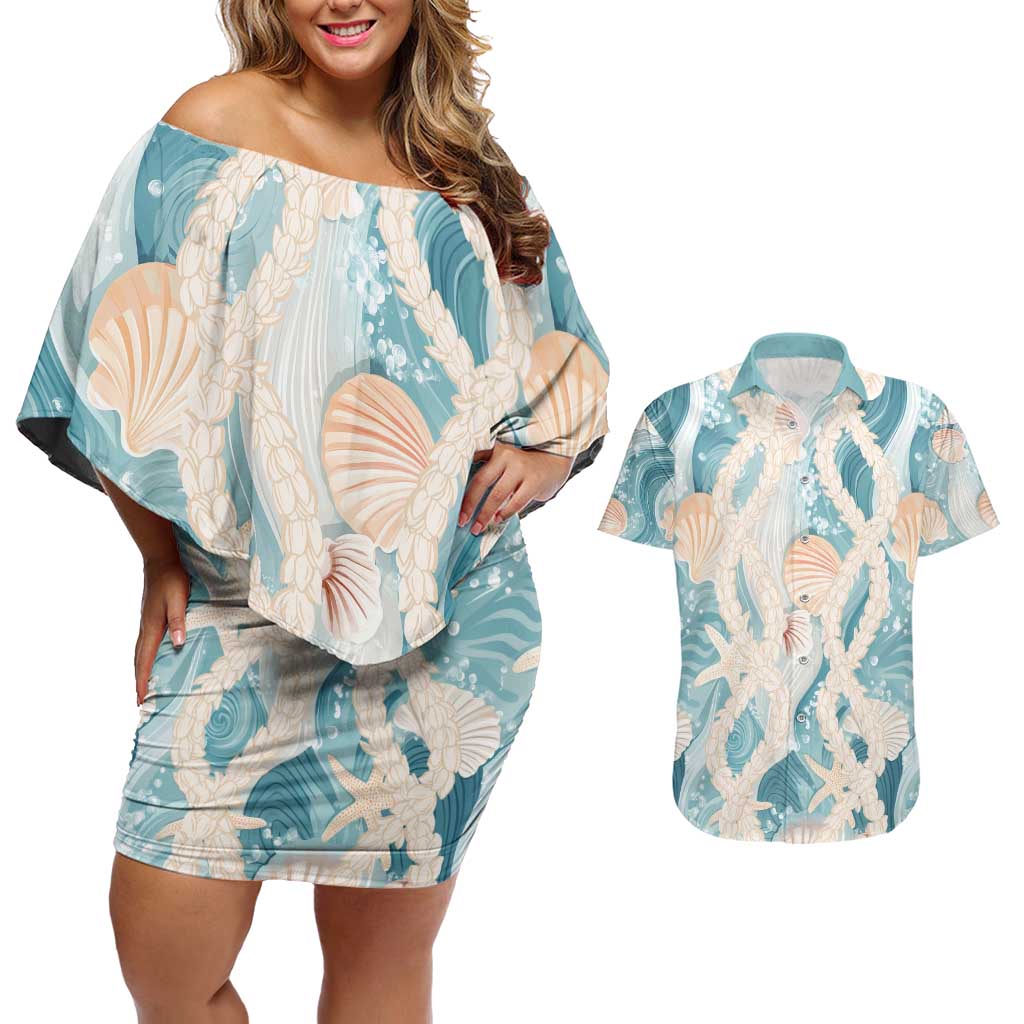 Hawaii Lei Seashells Starfish Couples Matching Off Shoulder Short Dress and Hawaiian Shirt Fresh Summer Vibe - Polynesian Pride