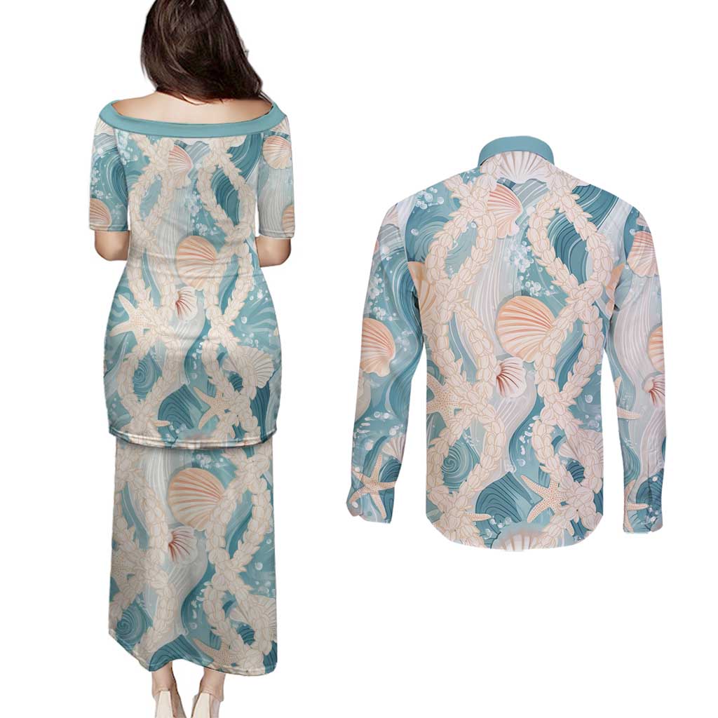 Hawaii Lei Seashells Starfish Couples Matching Puletasi and Long Sleeve Button Shirt Fresh Summer Vibe - Polynesian Pride