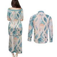 Hawaii Lei Seashells Starfish Couples Matching Puletasi and Long Sleeve Button Shirt Fresh Summer Vibe - Polynesian Pride