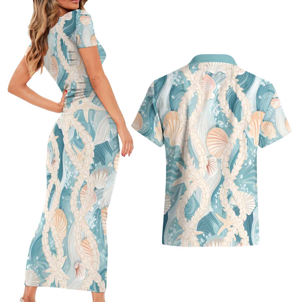 Hawaii Lei Seashells Starfish Couples Matching Short Sleeve Bodycon Dress and Hawaiian Shirt Fresh Summer Vibe - Polynesian Pride