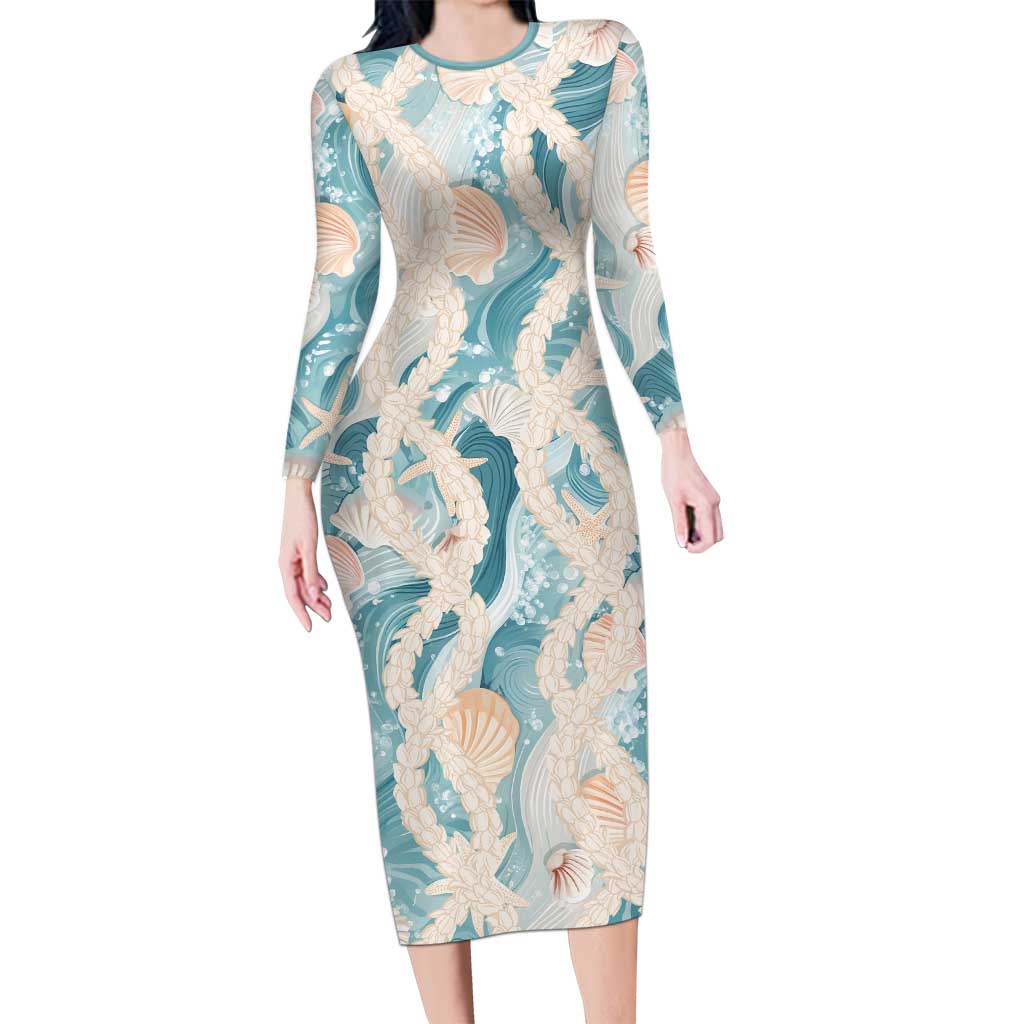 Hawaii Lei Seashells Starfish Long Sleeve Bodycon Dress Fresh Summer Vibe - Polynesian Pride