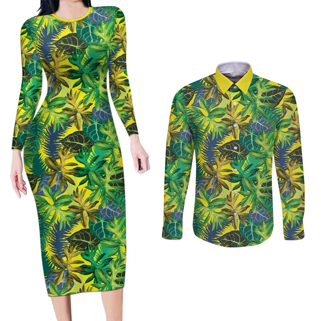 Hawaii Summer Tropical Leaves Couples Matching Long Sleeve Bodycon Dress and Long Sleeve Button Shirt - Polynesian Pride