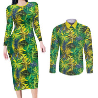Hawaii Summer Tropical Leaves Couples Matching Long Sleeve Bodycon Dress and Long Sleeve Button Shirt - Polynesian Pride