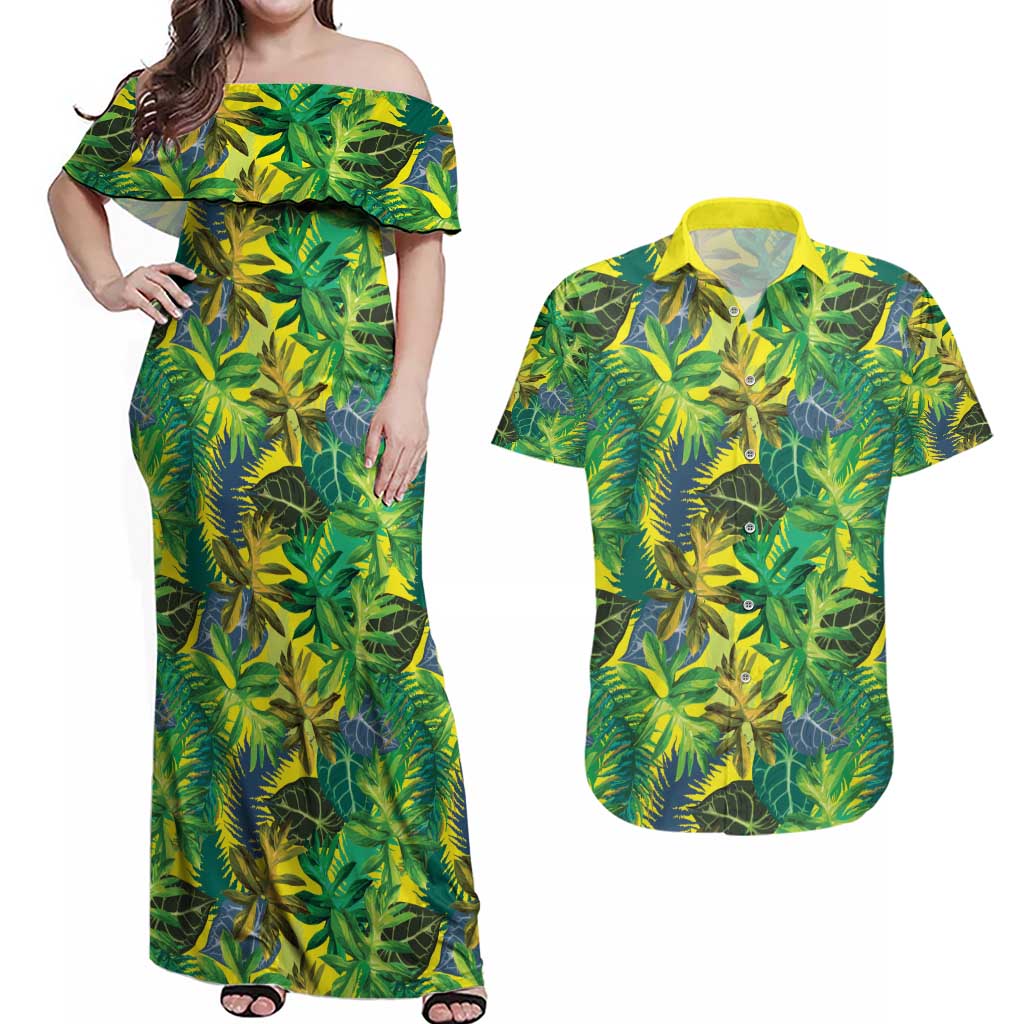Hawaii Summer Tropical Leaves Couples Matching Off Shoulder Maxi Dress and Hawaiian Shirt - Polynesian Pride