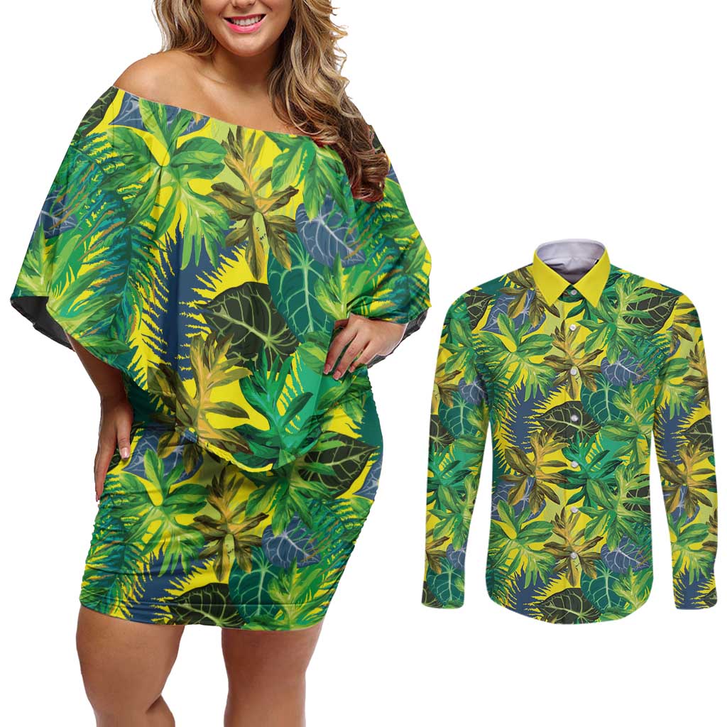 Hawaii Summer Tropical Leaves Couples Matching Off Shoulder Short Dress and Long Sleeve Button Shirt - Polynesian Pride