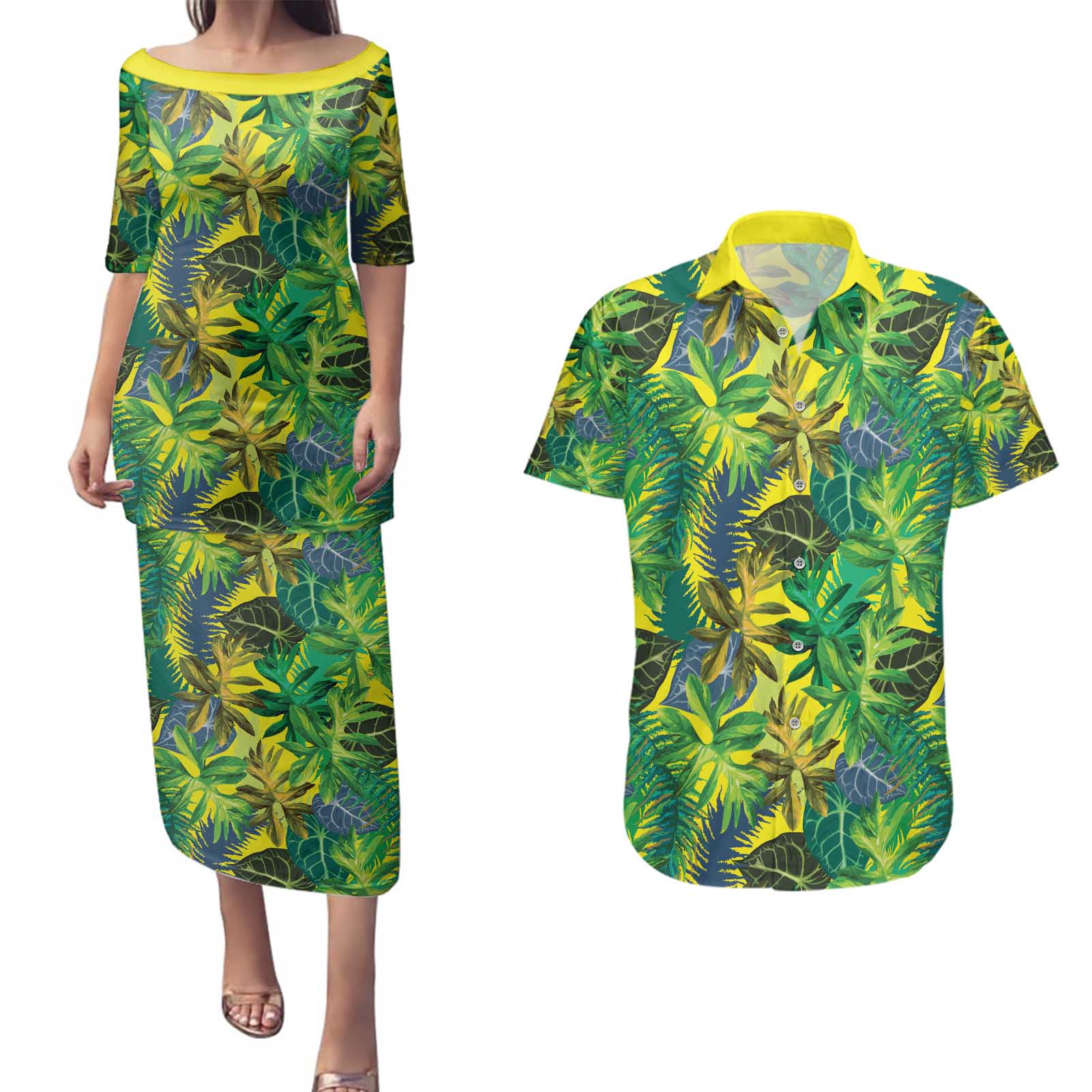Hawaii Summer Tropical Leaves Couples Matching Puletasi and Hawaiian Shirt - Polynesian Pride