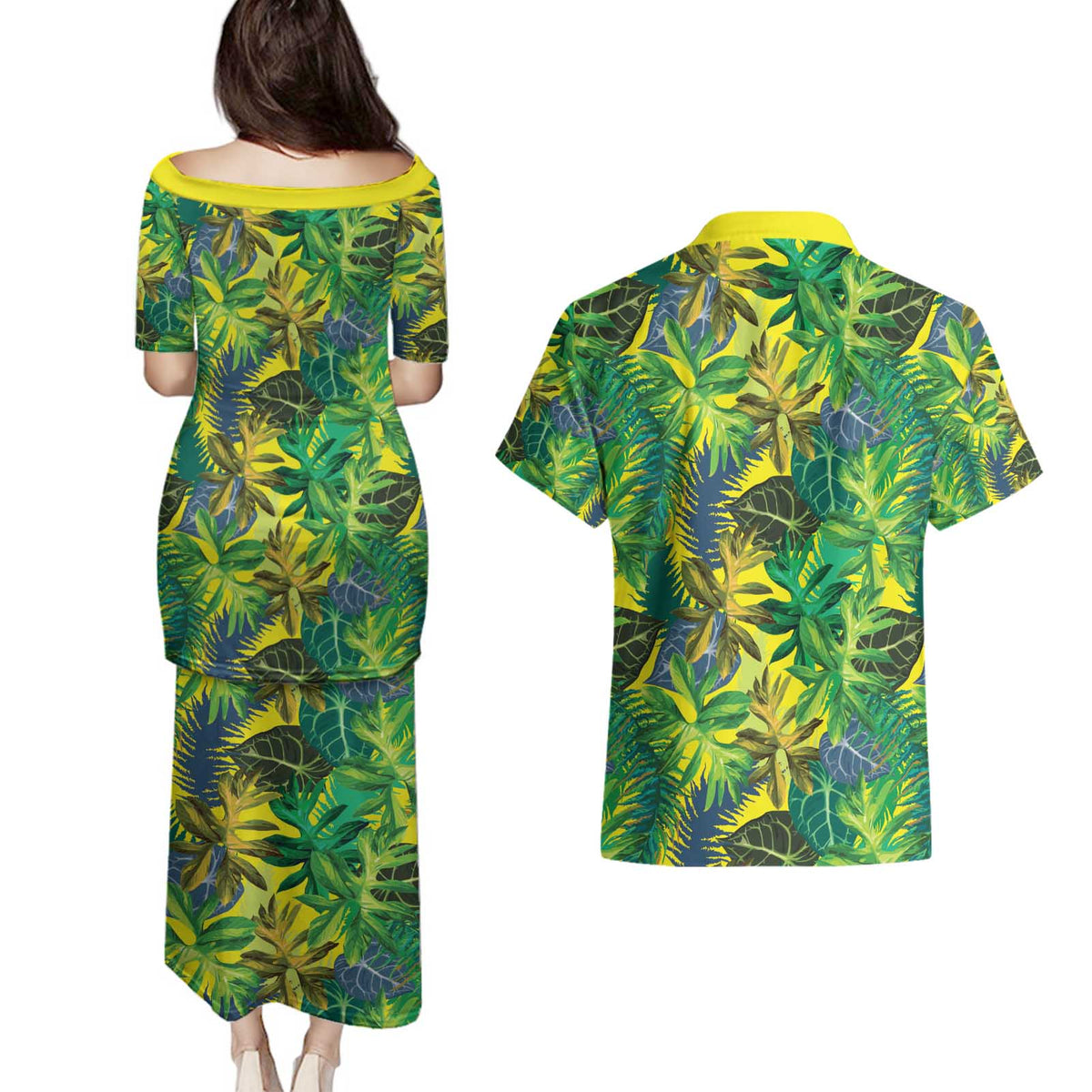 Hawaii Summer Tropical Leaves Couples Matching Puletasi and Hawaiian Shirt - Polynesian Pride