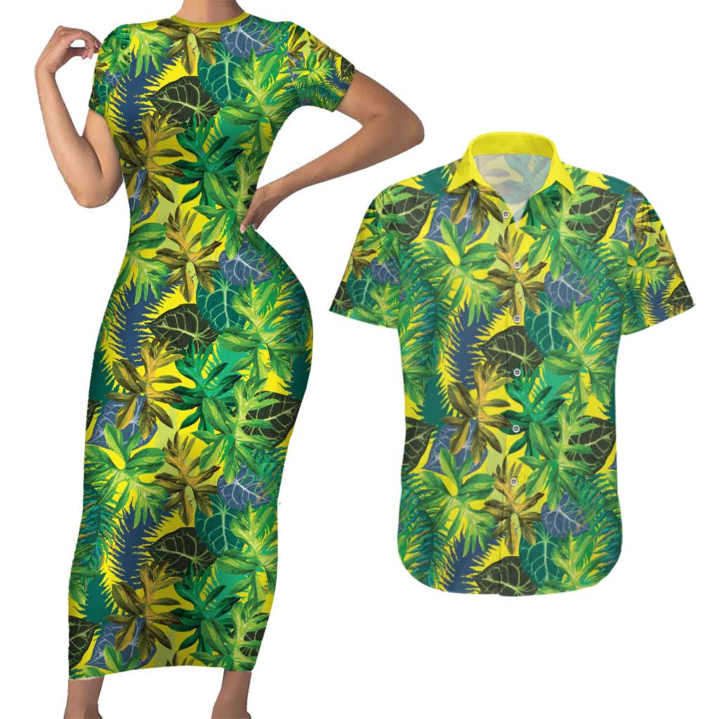 Hawaii Summer Tropical Leaves Couples Matching Short Sleeve Bodycon Dress and Hawaiian Shirt - Polynesian Pride