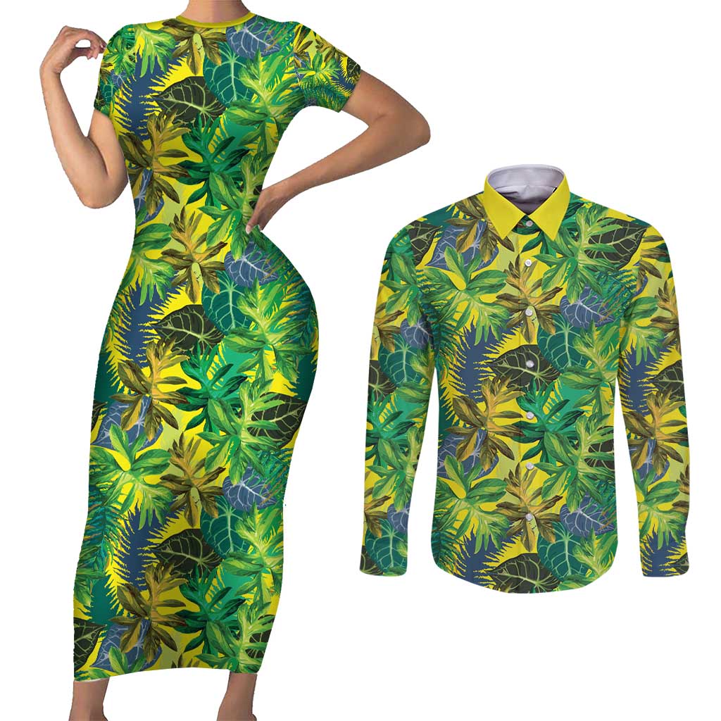 Hawaii Summer Tropical Leaves Couples Matching Short Sleeve Bodycon Dress and Long Sleeve Button Shirt - Polynesian Pride