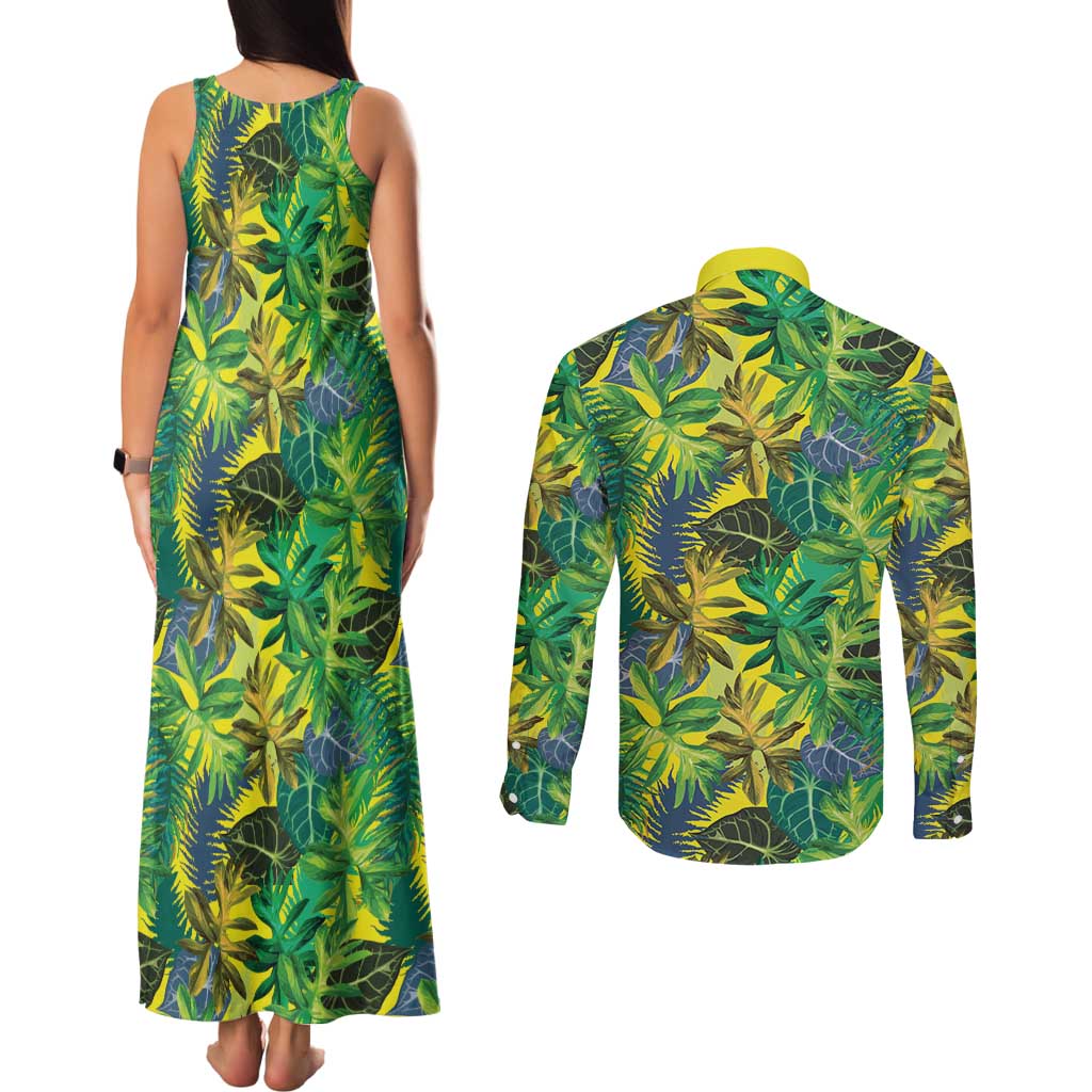 Hawaii Summer Tropical Leaves Couples Matching Tank Maxi Dress and Long Sleeve Button Shirt - Polynesian Pride