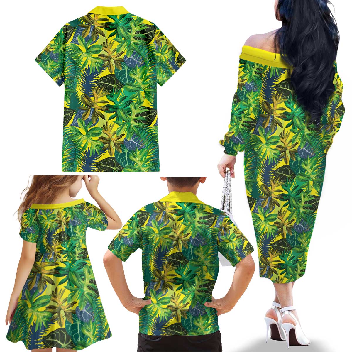 Hawaii Summer Tropical Leaves Family Matching Off The Shoulder Long Sleeve Dress and Hawaiian Shirt - Polynesian Pride