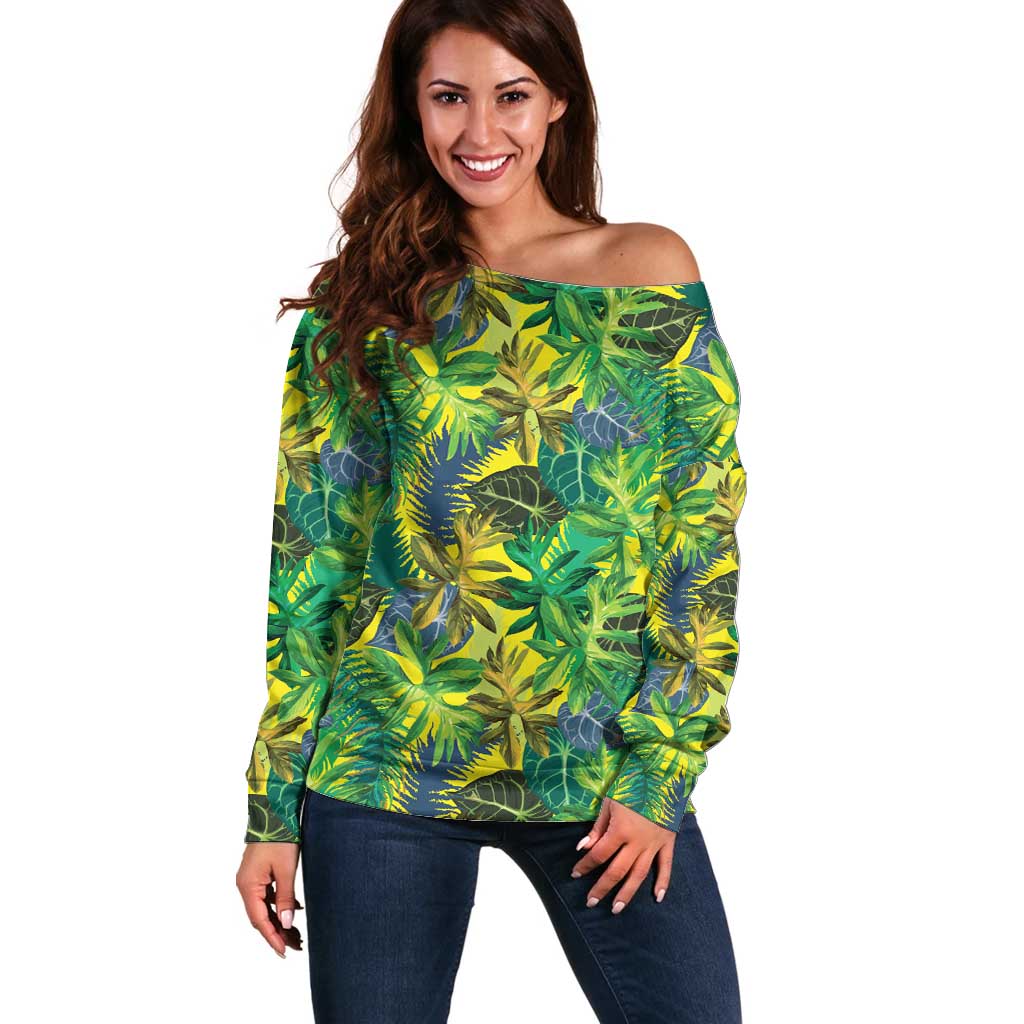 Hawaii Summer Tropical Leaves Off Shoulder Sweater - Polynesian Pride