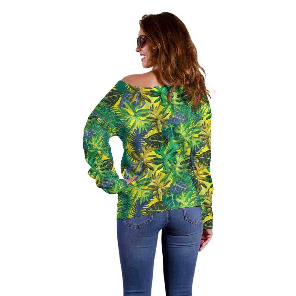 Hawaii Summer Tropical Leaves Off Shoulder Sweater - Polynesian Pride