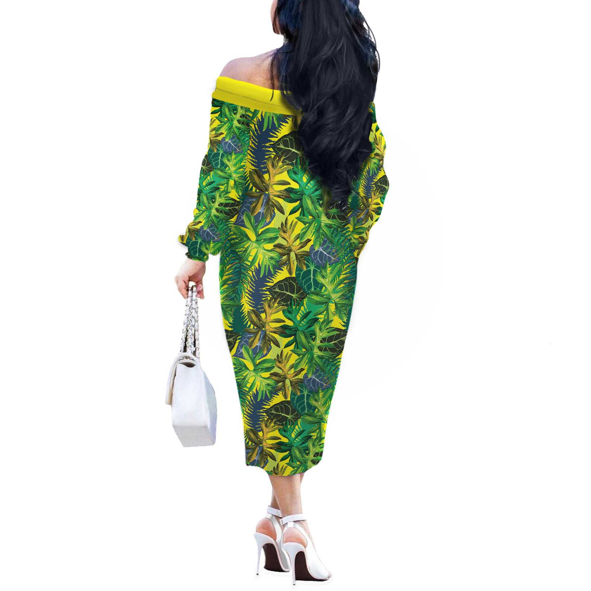 Hawaii Summer Tropical Leaves Off The Shoulder Long Sleeve Dress - Polynesian Pride