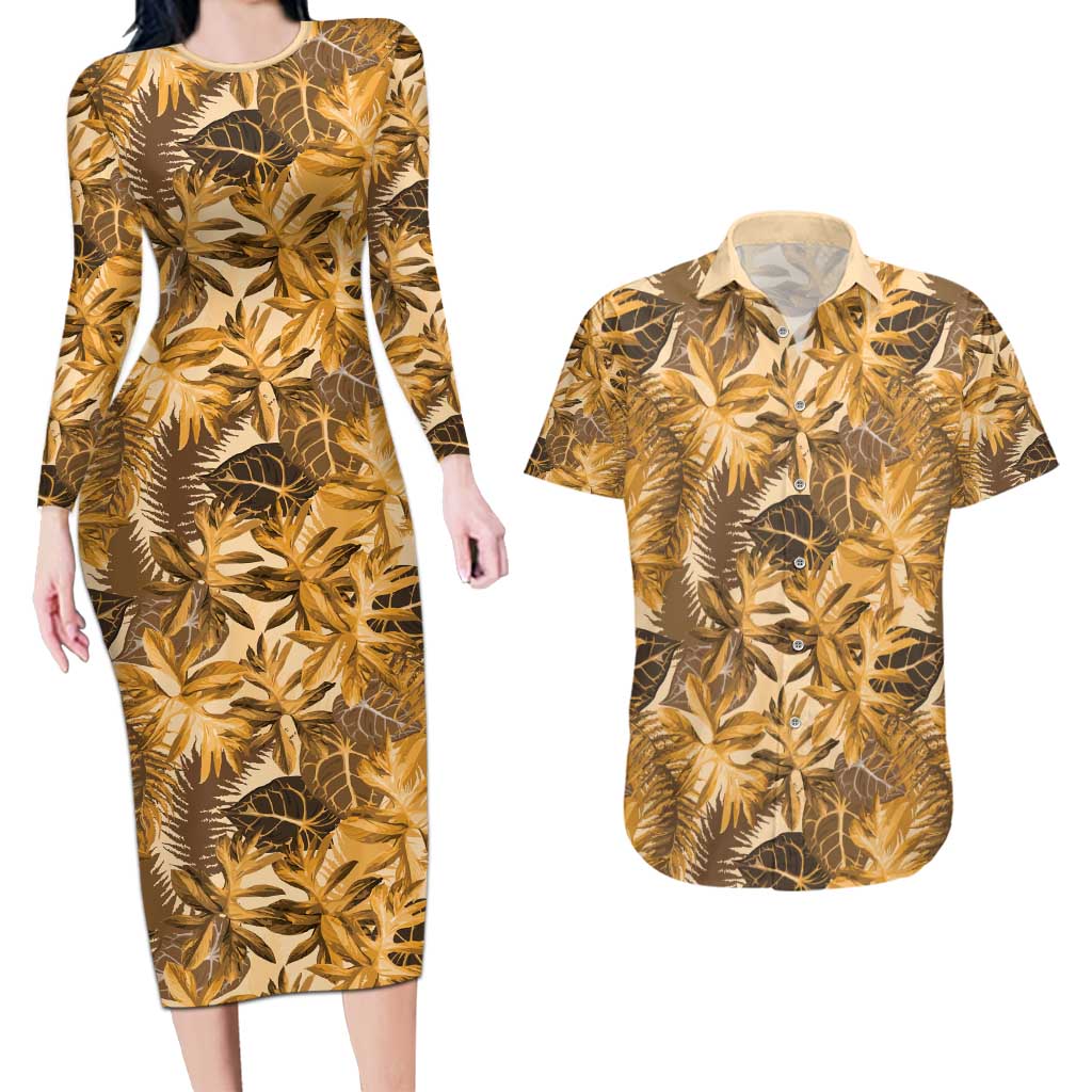 Hawaii Gold Tropical Leaves Couples Matching Long Sleeve Bodycon Dress and Hawaiian Shirt - Polynesian Pride