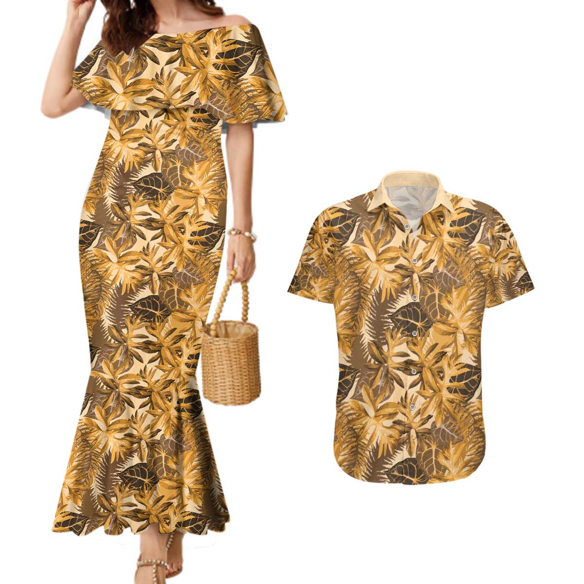 Hawaii Gold Tropical Leaves Couples Matching Mermaid Dress and Hawaiian Shirt - Polynesian Pride