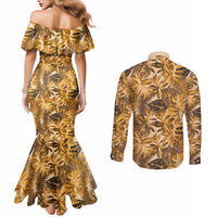 Hawaii Gold Tropical Leaves Couples Matching Mermaid Dress and Long Sleeve Button Shirt - Polynesian Pride
