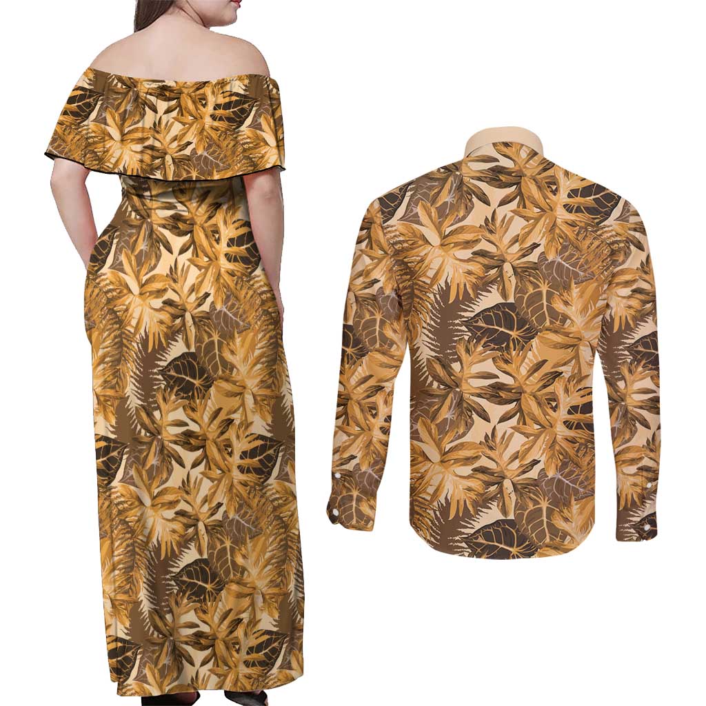 Hawaii Gold Tropical Leaves Couples Matching Off Shoulder Maxi Dress and Long Sleeve Button Shirt - Polynesian Pride