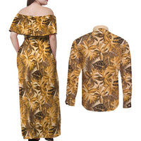 Hawaii Gold Tropical Leaves Couples Matching Off Shoulder Maxi Dress and Long Sleeve Button Shirt - Polynesian Pride