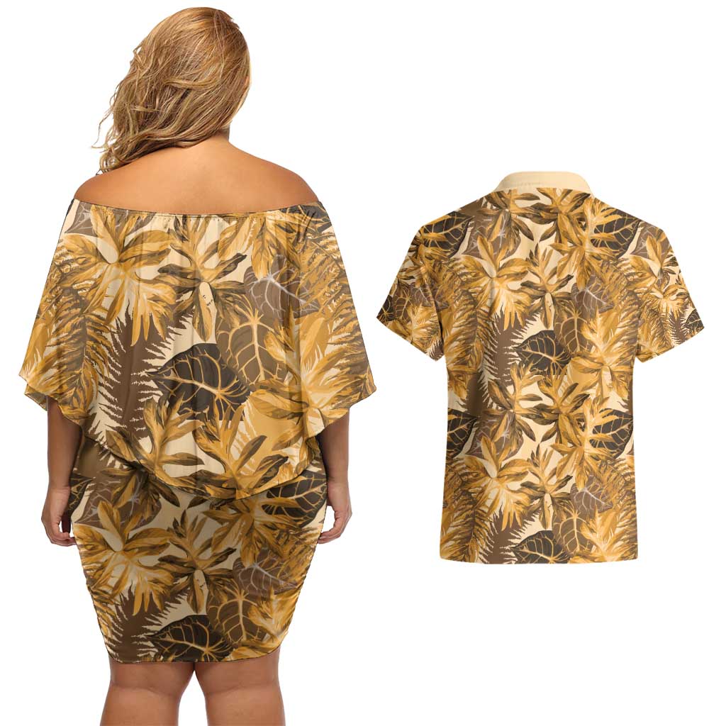 Hawaii Gold Tropical Leaves Couples Matching Off Shoulder Short Dress and Hawaiian Shirt - Polynesian Pride