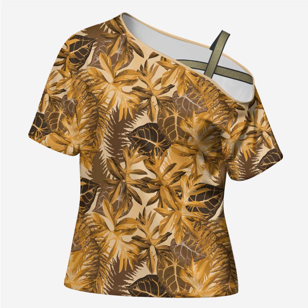 Hawaii Gold Tropical Leaves Cross Shoulder Shirt LT01 Female Gold - Polynesian Pride