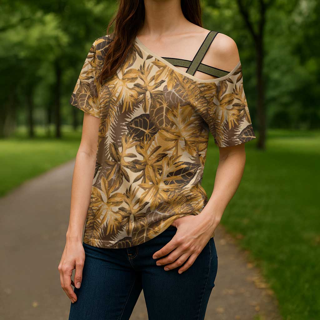 Hawaii Gold Tropical Leaves Cross Shoulder Shirt LT01 - Polynesian Pride