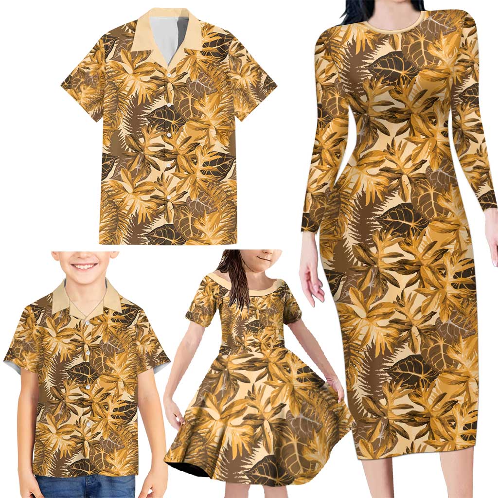 Hawaii Gold Tropical Leaves Family Matching Long Sleeve Bodycon Dress and Hawaiian Shirt - Polynesian Pride