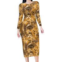 Hawaii Gold Tropical Leaves Family Matching Long Sleeve Bodycon Dress and Hawaiian Shirt - Polynesian Pride
