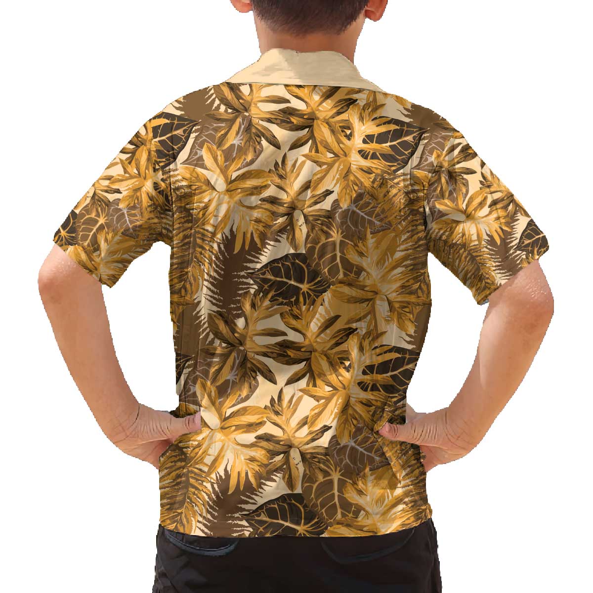 Hawaii Gold Tropical Leaves Family Matching Off The Shoulder Long Sleeve Dress and Hawaiian Shirt - Polynesian Pride