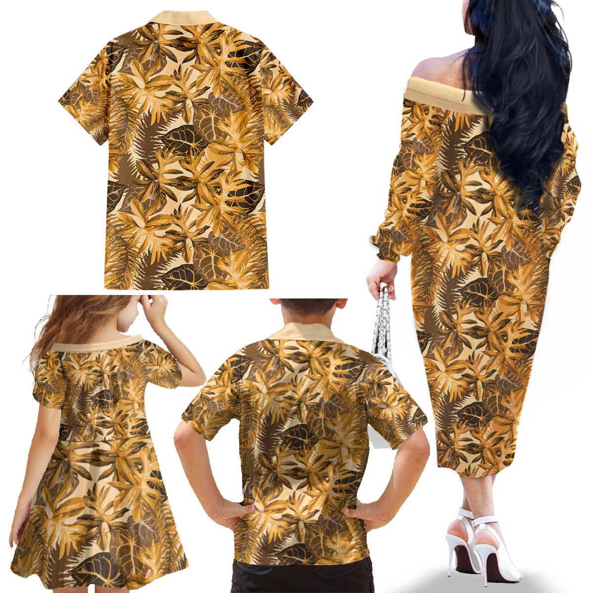 Hawaii Gold Tropical Leaves Family Matching Off The Shoulder Long Sleeve Dress and Hawaiian Shirt - Polynesian Pride