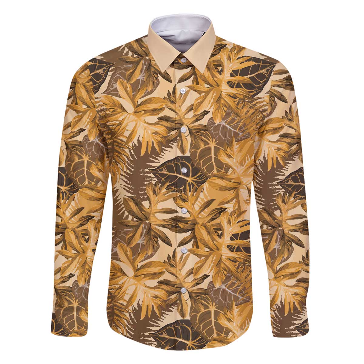 Hawaii Gold Tropical Leaves Family Matching Off The Shoulder Long Sleeve Dress and Hawaiian Shirt - Polynesian Pride