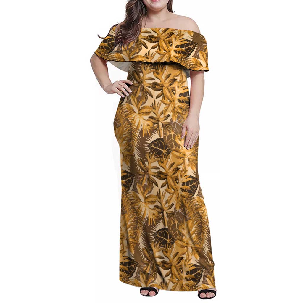 Hawaii Gold Tropical Leaves Family Matching Off Shoulder Maxi Dress and Hawaiian Shirt - Polynesian Pride