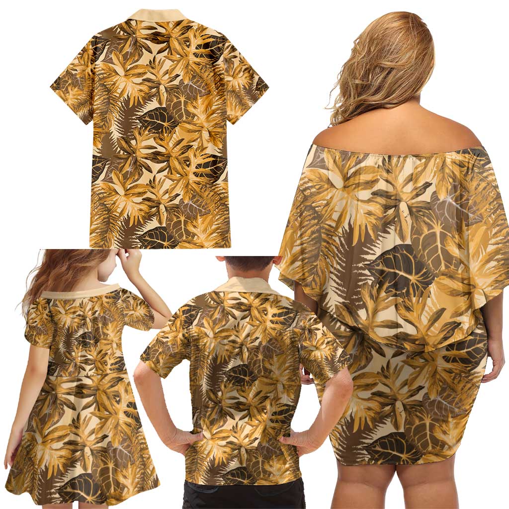 Hawaii Gold Tropical Leaves Family Matching Off Shoulder Short Dress and Hawaiian Shirt - Polynesian Pride