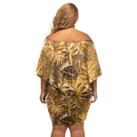 Hawaii Gold Tropical Leaves Family Matching Off Shoulder Short Dress and Hawaiian Shirt - Polynesian Pride