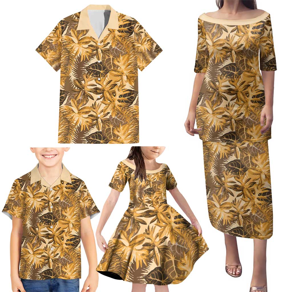 Hawaii Gold Tropical Leaves Family Matching Puletasi and Hawaiian Shirt - Polynesian Pride