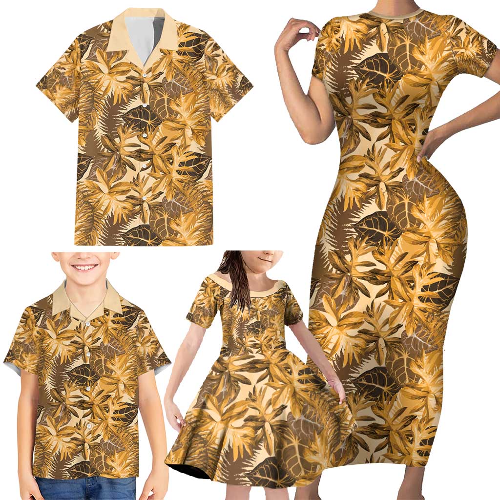 Hawaii Gold Tropical Leaves Family Matching Short Sleeve Bodycon Dress and Hawaiian Shirt - Polynesian Pride
