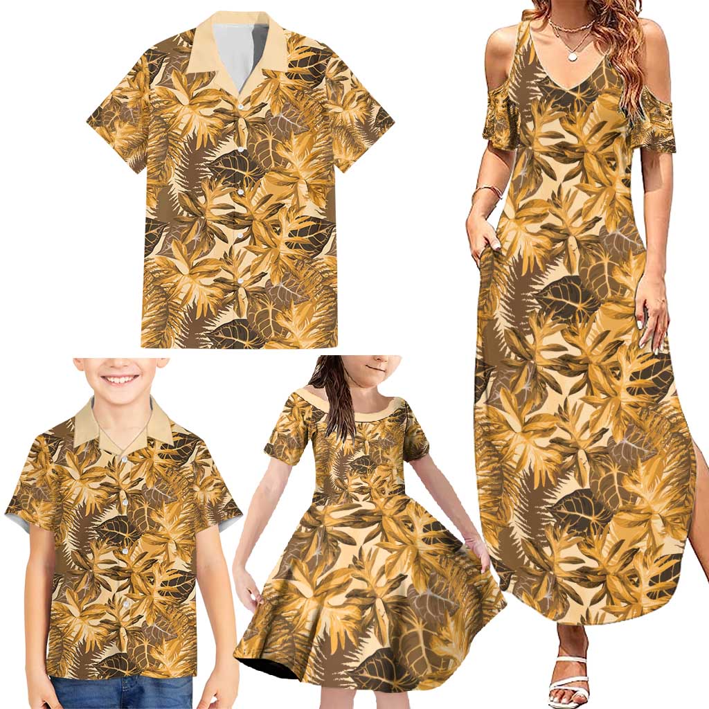 Hawaii Gold Tropical Leaves Family Matching Summer Maxi Dress and Hawaiian Shirt - Polynesian Pride